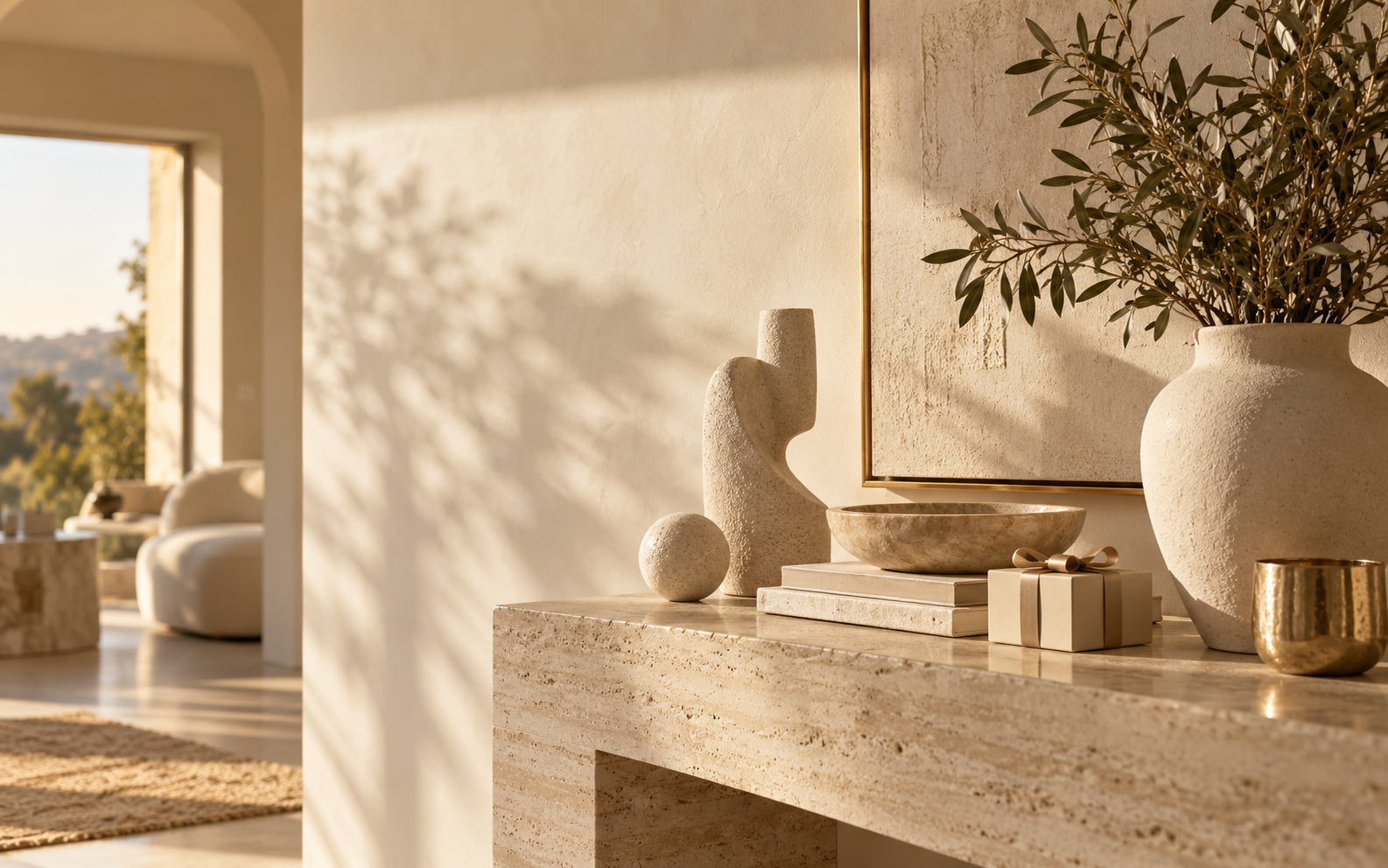 Ambiente acolhedor em tons naturais com objetos decorativos